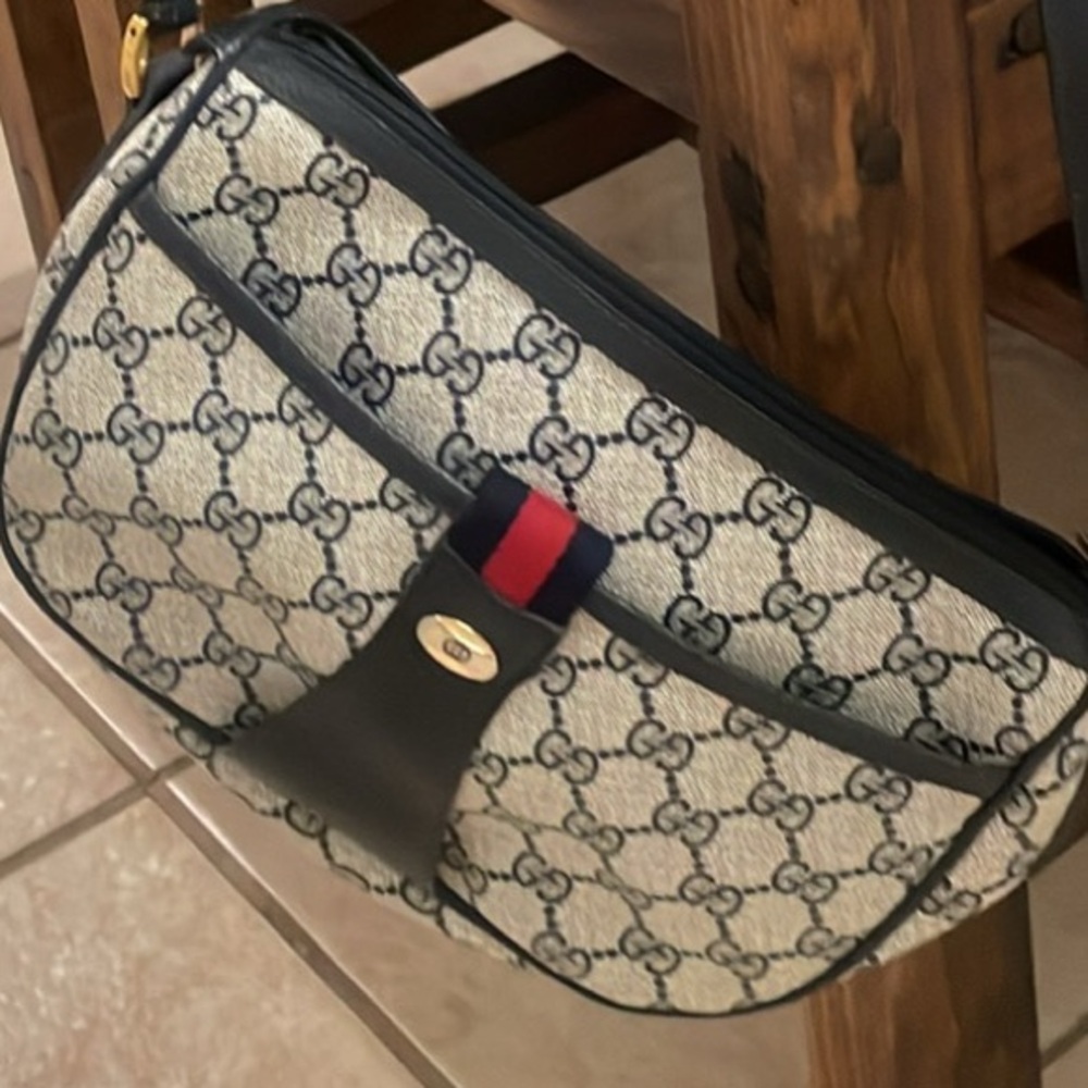 Gucci Beige and Black Crossbody Bag with Red and Blue Stripe